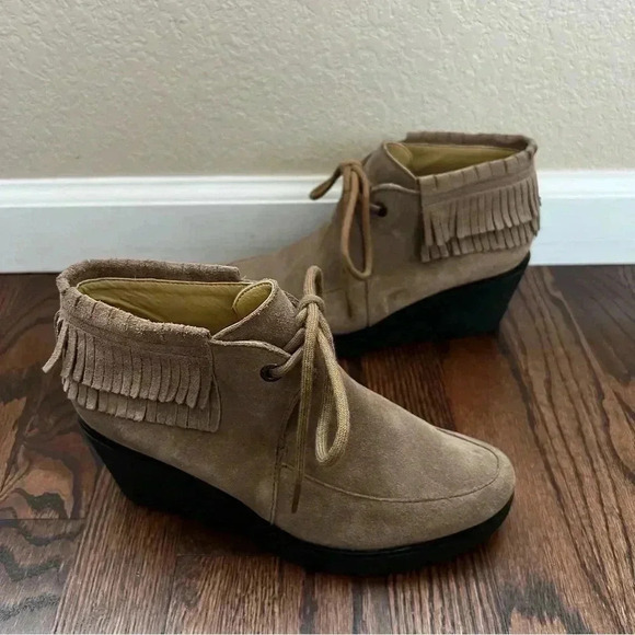 Bussola Leeds Suede Tan Layered Fringe Lace Up Wedge Ankle Bootie Shoes 6.5, 37. - Picture 16 of 16